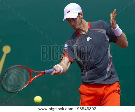 MONTE CARLO, MONACO. APRIL 20 2012 Andy Murray (GBR) in action during the quarter final singles match between Andy Murray (GBR) and Tomas Berdych (CZE) at the ATP Monte Carlo Masters  .