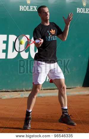 MONTE CARLO, MONACO. APRIL 20 2012 Andy Murray (GBR) plays a shot during a warm up at the quarter final singles match between Andy Murray (GBR) and Tomas Berdych (CZE) at the ATP Monte Carlo Masters