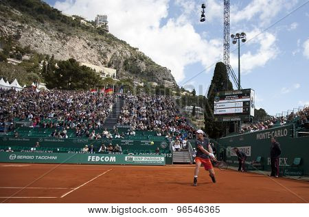 MONTE CARLO, MONACO. APRIL 20 2012 Andy Murray (GBR) in action during the quarter final singles match between Andy Murray (GBR) and Tomas Berdych (CZE) at the ATP Monte Carlo Masters  .