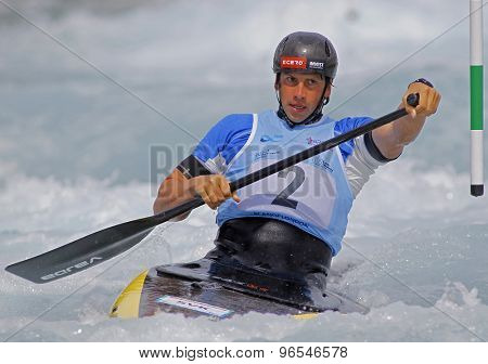 LONDON, ENGLAND - JUNE 06 2014 Alexander Slafkovsky of Slovakia competes at the ICF Canoe Slalom held at the Lea Valley White Water centre Waltham Abbey.