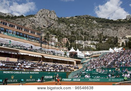 MONTE CARLO, MONACO. APRIL 17 2012 Andy Murray (GBR) in action during the second round match betweenAndy Murray (GBR) and Viktor Troicki (SRB)  at the ATP Monte Carlo Masters  .