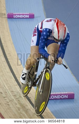 LONDON, ENGLAND. FEBRUARY 18 2012: Jennie Reed (USA) in action at the UCI Track Cycling World Cup at the London Velodrome, Queen Elizabeth 2nd Park