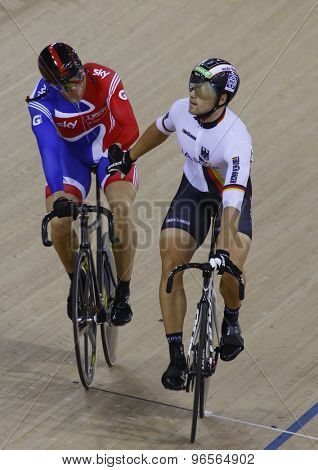 LONDON, ENGLAND. FEBRUARY 19 2012: Maximillian Levy (GER) and Sir Chris Hoy (GBR) during the UCI Track Cycling World Cup at the London Velodrome, Queen Elizabeth 2nd Park