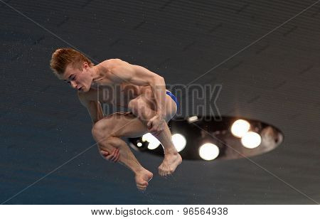 LONDON, GREAT BRITAIN - APRIL 26 2015: Jack Laugher of Great Britain competing in the men's 3m springboard during the FINA/NVC Diving World Series at the London Aquatics Centre