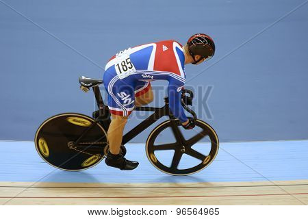 LONDON, ENGLAND. FEBRUARY 19 2012: Sir Chris Hoy (GBR) competes in the mens sprint at the UCI Track Cycling World Cup at the London Velodrome, Queen Elizabeth 2nd Park