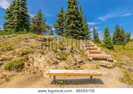 Beautiful Mountain Trail. Staircase and picnic bench. Blackwall Peak Trail at Manning Park in British Columbia. Canada.