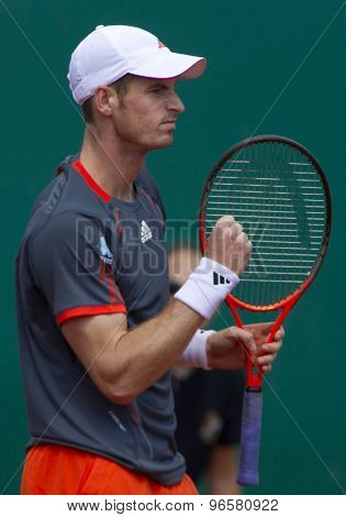 MONTE CARLO, MONACO. APRIL 20 2012 Andy Murray (GBR) pumps his fist during the quarter final singles match between Andy Murray (GBR) and Tomas Berdych (CZE) at the ATP Monte Carlo Masters  .