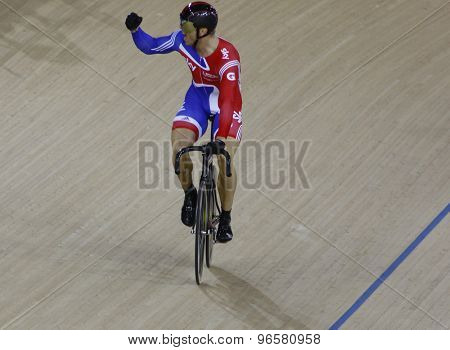 LONDON, ENGLAND. FEBRUARY 19 2012: Sir Chris Hoy (GBR) during the final of the mens sprint, at the UCI Track Cycling World Cup at the London Velodrome, Queen Elizabeth 2nd Park
