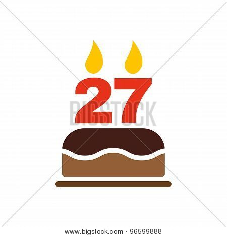The birthday cake with candles in the form of number 27 icon. Birthday symbol. Flat
