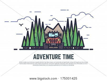 Line style 4x4 offroad color vector illustration. Retro style flat emblem of big wheel car in the woods and mountain clouds. Pixel perfect banner. Adventure time placard with text.