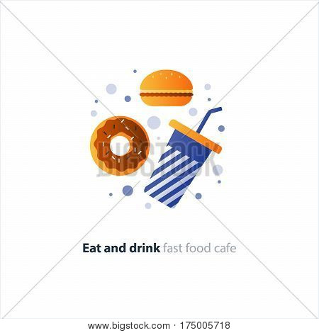 Doughnut and tumbler glass with straw, fast food cafe concept, sweet donut with frosting and sprinkes, vector flat design illustration