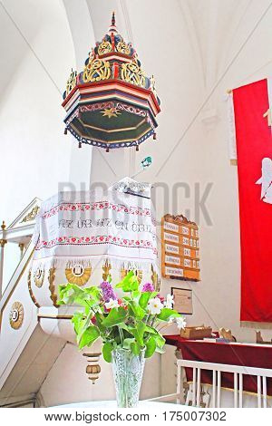 KHUST, UKRAINE - MAY 09, 2013: Interior of reformed Church (Elizabethan church XIII c.), Khust, Ukraine