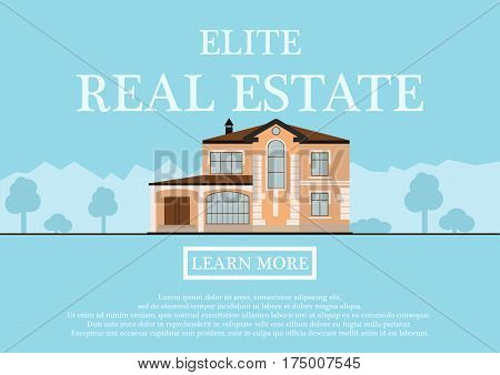 Vector illustration of cute houses for rent or sale in flat building style. background with blue pastel colors. country views with trees and shrubs. Banner for a website selling luxury real estate. vector illustration.