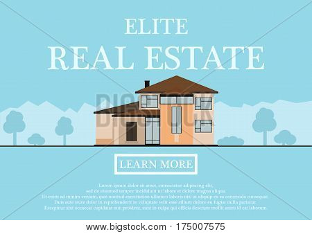 Vector illustration of cute houses for rent or sale in flat building style. background with blue pastel colors. country views with trees and shrubs. Banner for a website selling luxury real estate. vector illustration.