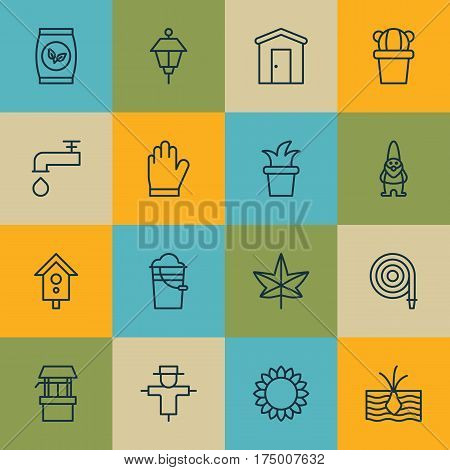 Set Of 16 Farm Icons. Includes Autumn Plant, Growing Plant, Helianthus And Other Symbols. Beautiful Design Elements.