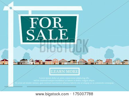 For sale sign in front of cute houses in flat building style. background in blue pastel colors. country views with trees and shrubs. real estate purchase. vector illustration