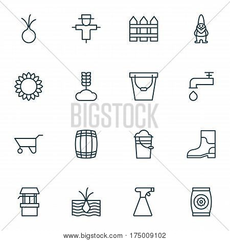 Set Of 16 Garden Icons. Includes Rubber Boot, Water Source, Bugbear And Other Symbols. Beautiful Design Elements.