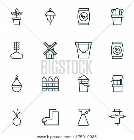 Set Of 16 Gardening Icons. Includes Cereal, Sprinkler, Bucket And Other Symbols. Beautiful Design Elements.