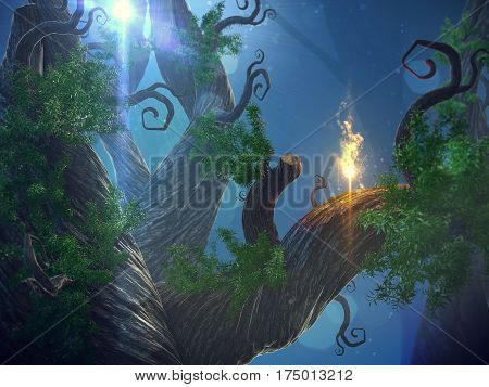 3D illustration of a fairytale forest in a idyllic landscape at night in the moonlight.