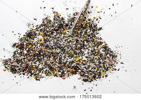 Recycled plastic bottles. Polymeric pellets.  Polymer beads. Polyethylene granules.