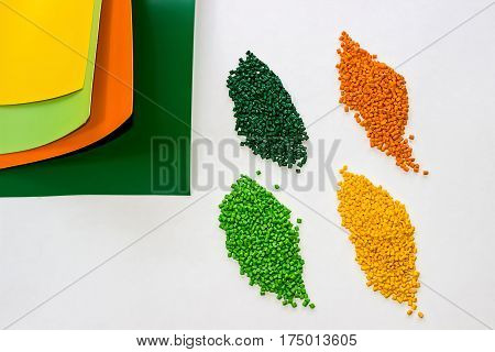 Polymeric dye. Plastic pellets. Colorant for plastics. Pigment in the granules.  Polymer beads