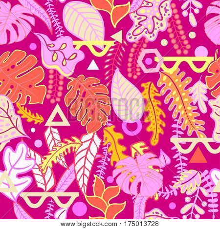 Tropical vibrant background with tropical leaves print seamless pattern. Vibratory pink colors of the jungle in the style of memphis, punk, neurofunk, trance, rave. Fashionable decorative textures