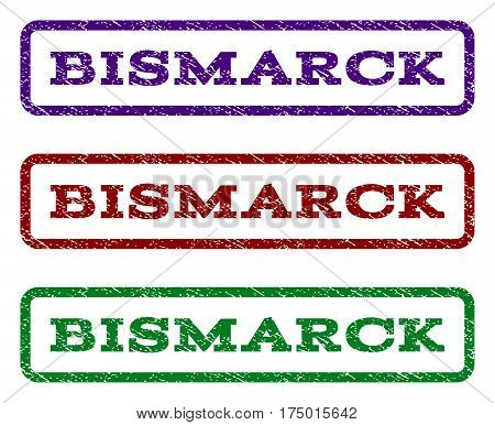 Bismarck watermark stamp. Text tag inside rounded rectangle frame with grunge design style. Vector variants are indigo blue red green ink colors. Rubber seal stamp with scratched texture.