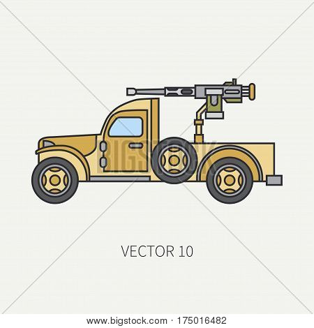 Line flat color vector icon armed open body army pickup. Military vehicle. Cartoon vintage style. Machine gun. Mobile weapon emplacement. Tractor unit. Tow auto. Illustration and element for design.