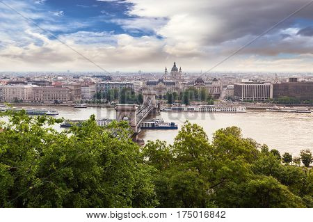 Panoramic view of Budapest from the Buda coast. View of St. Stephen's Basilica and Chain Bridge. Hungary
