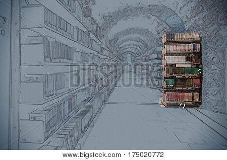 Library setting with books and reading material. Titles are not legible. Modern Painting. Brushed artwork based on photo. Background texture.