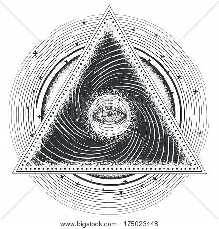 Vector tattoo illustration abstract sacred geometry with an all-seeing eye. Mystic eye inside the triangle against the background of the universe.