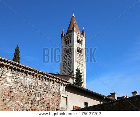 Bell Tower Of San Zeno Basilica In Verona In Northern Italy