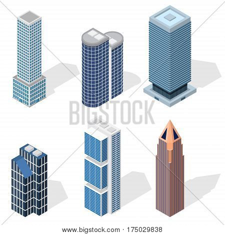 Skyscraper Building Set Isometric View Urban Architecture Modern Exterior Construction. Vector illustration