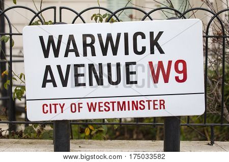 A street sign for Warwick Avenue in West London UK.