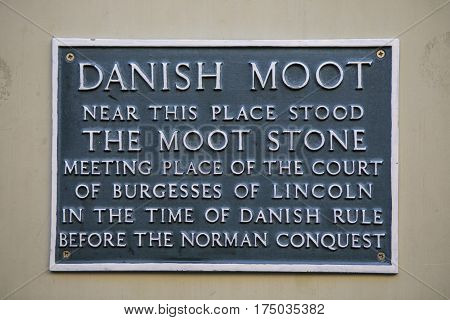 LINCOLN UK - FEBRUARY 28TH 2017: A plaque in the historic city of Lincoln, on 28th February 2017, marking the location where the Moot Stone stood.