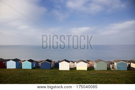 colored beach huts on the beach of Tankerton near Whitstable in Kent, UK