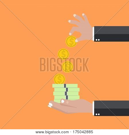 Hand giving money and coins other hand