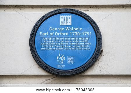 NORWICH UK - JANUARY 17TH 2017: A blue plaque detailing the history of George Walpole Earl of Orford taken in Norwich on 17th January 2017.