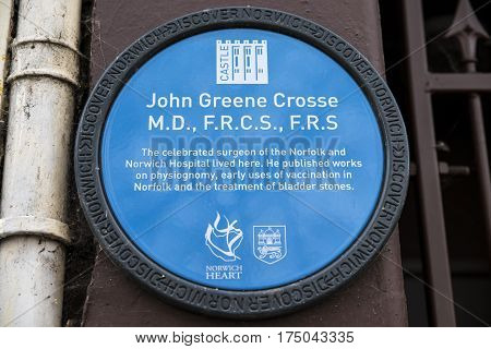 NORWICH UK - JANUARY 17TH 2017: A blue plaque marking the location where celebrated surgeon John Greene Crosse once lived taken in Norwich on 17th January 2017.