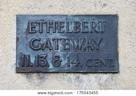 A plaque on the Ethelbert Gateway in the historic city of Norwich UK.