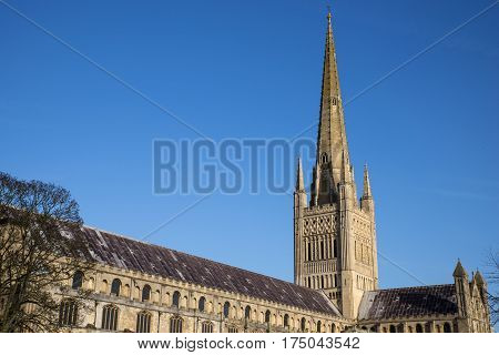A view of the magnificent Norwich Cathedral in the historic city of Norwich UK.