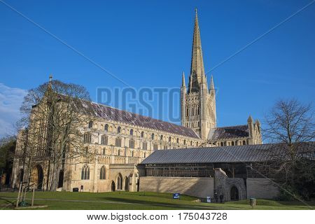 A view of the magnificent Norwich Cathedral in the historic city of Norwich UK.