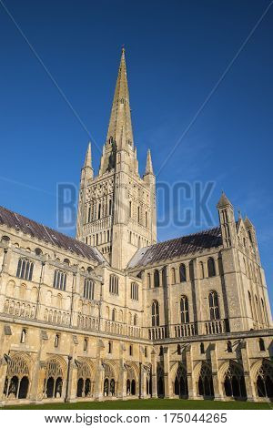A view of the magnificent Norwich Cathedral in the historic city of Norwich UK.