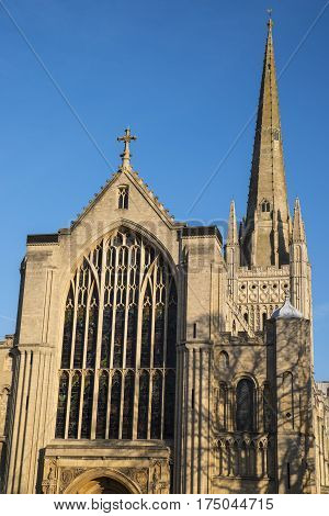 A view of the magnificent Norwich Cathedral in the historic city of Norwich UK.