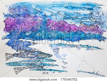 Monotyped watercolor painting with a gel pen. Associative image of the North mountains fish snow