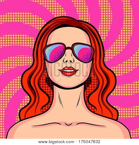Young girl in pink glasses pop art style. Hand drawn comic book imitation vector illustration