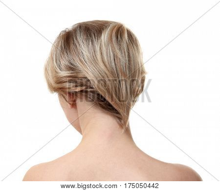 Young woman with trendy hairstyle on white background