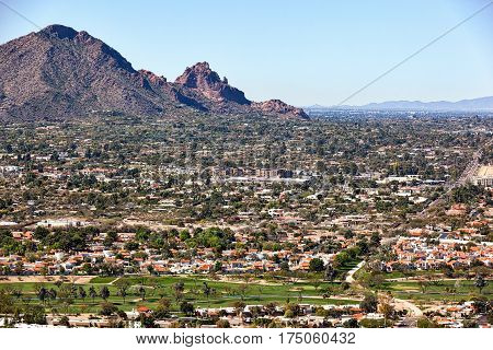 Scottsdale skyline looking southwest at Camelback Mountain