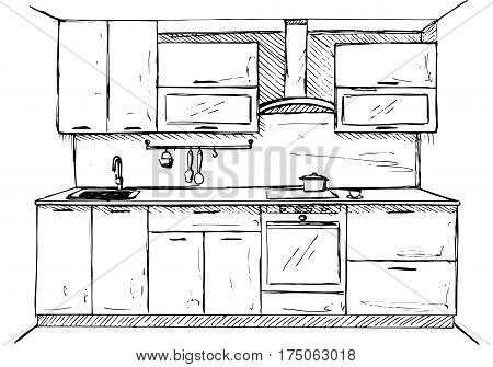 Kitchen sketch plan. Hand made vector illustration.
