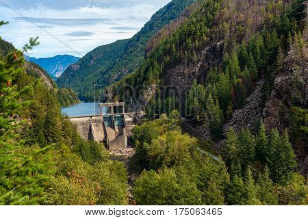 Gorge Dam with Gorge Lake behind it in Washington's North Cascades National Park